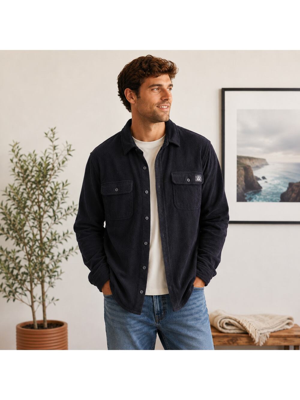 Flying Point Surf Sz Large Black 1 Pocket Overshirt Flannel Neutral Shacket
